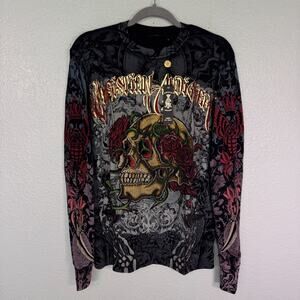 Christian Audigier Shirt Mens Small Thermal Skull Rose Rhinestone Y2K Tattoo NEW